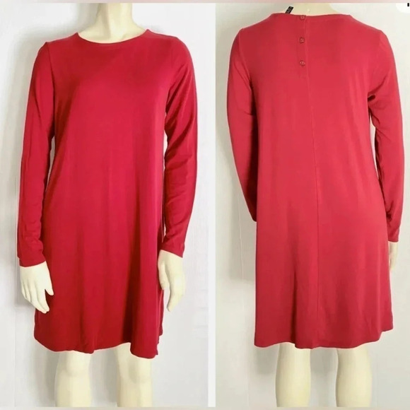Eileen Fisher  Red Dress Viscose Spandex Scoop Neck Long Sleeve slip on size L - Picture 2 of 12